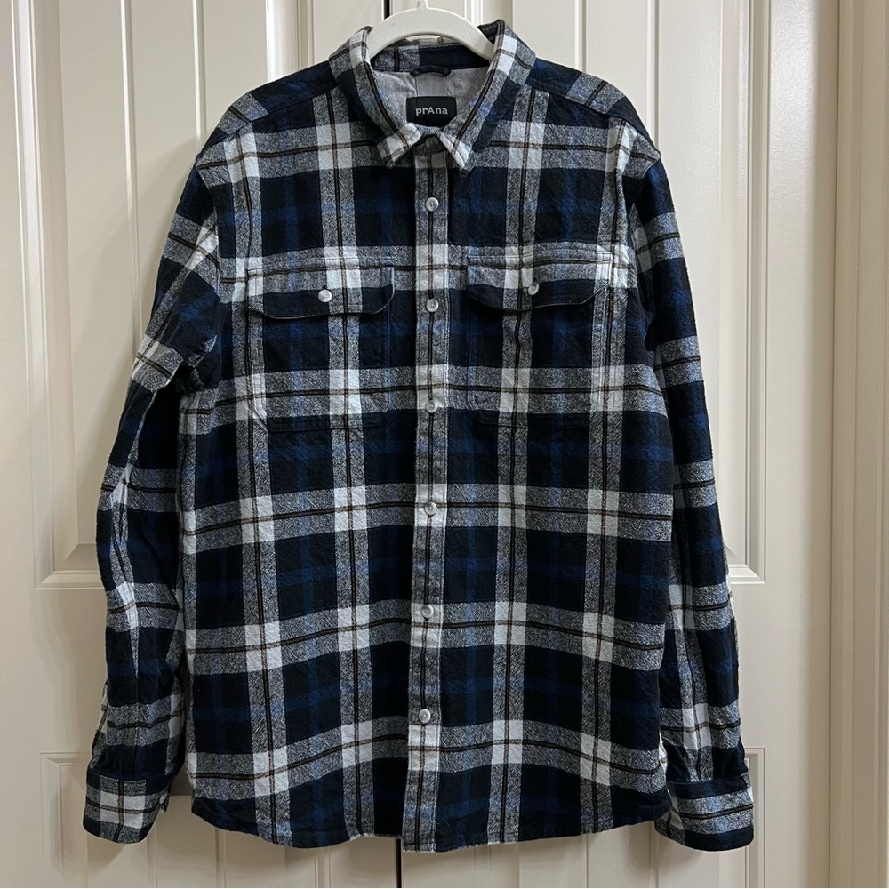 Prana Mens Heavyweight Flannel Shirt Jacket in Blue Plaid, Size L